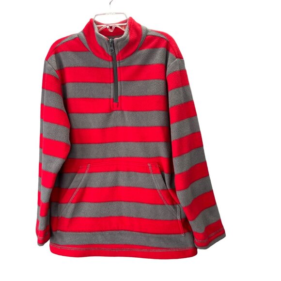 Hanna Andersson Fleece Pullover Sweater size 130 US 8 Red Gray Stripes 1/4 Zip - Picture 1 of 5